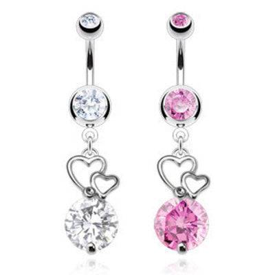 Double Heart with Prong CZ Gem Stone Dangling Belly Button Navel Ring - Pierced Universe