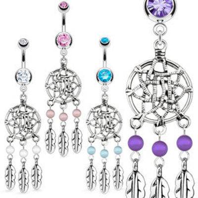 Dream Catcher Net with Feathers & Beads Surgical Steel Belly Button Navel Ring - Pierced Universe