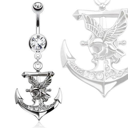 Eagle on Clear Gemmed Dangling Anchor Surgical Steel Belly Button Navel Ring - Pierced Universe