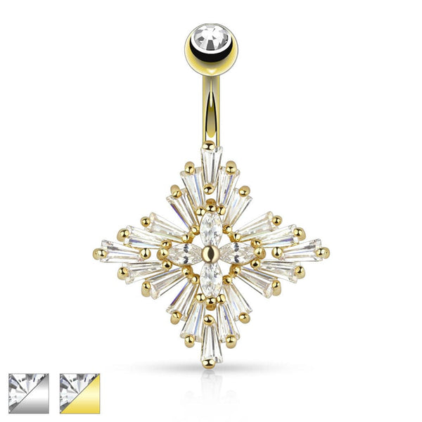 Elegant Surgical Steel Multi CZ Baguettes Cross Belly Button Navel Ring - Pierced Universe