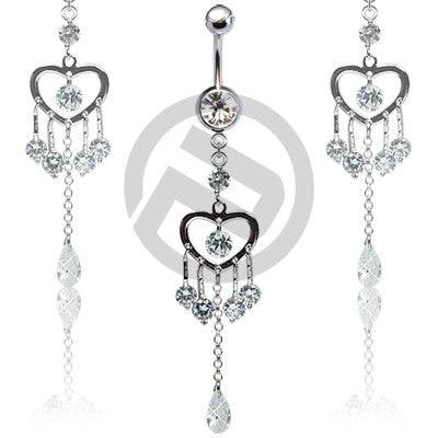 Fancy Clear CZ Heart with Gem Drop Belly Button Navel Ring - Pierced Universe