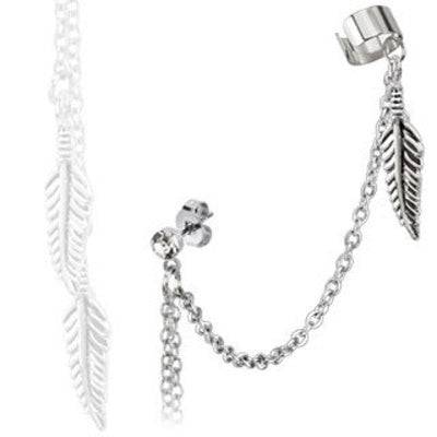 Feather and CZ Chain Link Cartilage Chain Dangle Cuff Helix Earring - Pierced Universe