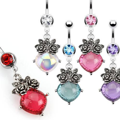 Flowers on Oval Gem Belly Button Ring - Pierced Universe