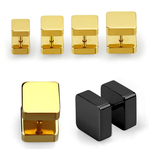 Gold / Black Surgical Steel Square Screw On Fake Plug Earrings - Pierced Universe
