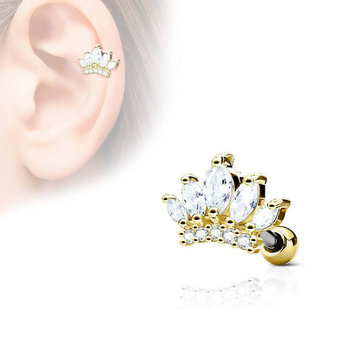 Gold IP Surgical Steel CZ Crown Tiara Ear Cartilage Barbell - Pierced Universe