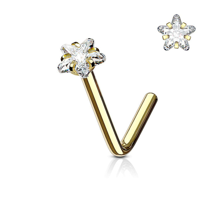 Gold IP Surgical Steel Star CZ L Shape Nose Pin Stud - Pierced Universe