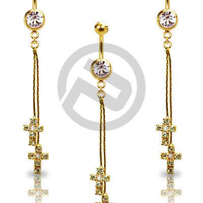 Gold Plated 2 Dangle Religious Cross Clear CZ Drop Dangle Belly Button Navel Ring - Pierced Universe