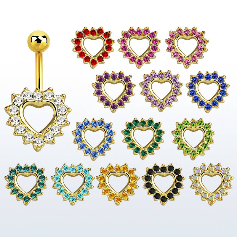 Gold Plated 316L Surgical Steel Non Dangle Heart CZ Encrusted Belly Ring - Pierced Universe