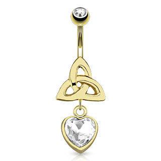 Gold Plated Celtic Knot with Dangling White CZ Floating Heart Belly Button Navel Ring - Pierced Universe