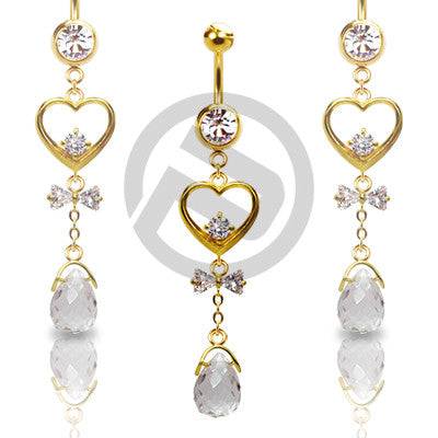 Gold Plated Clear CZ Heart and Bow Dangle Belly Button Navel Ring - Pierced Universe