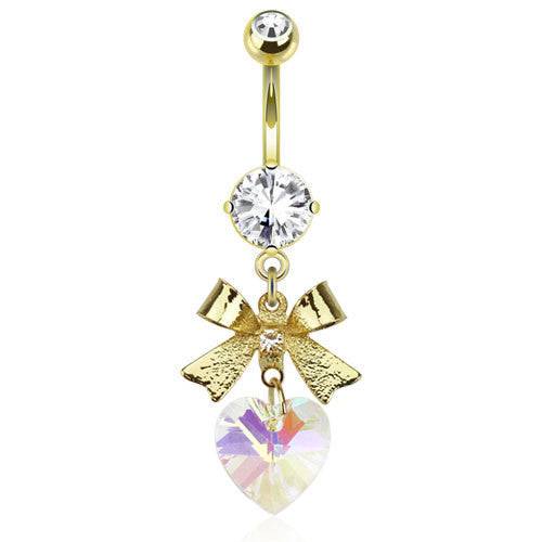 Gold Plated Clear Gem Ribbon with Crystal Heart Dangling Belly Button Navel Ring - Pierced Universe