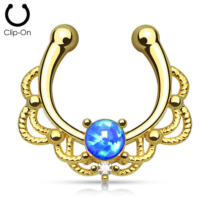 Gold Plated Fake "faux" Synthetic Opal Center Lace Septum Ring - Pierced Universe