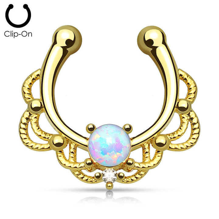 Gold Plated Fake "faux" Synthetic Opal Center Lace Septum Ring - Pierced Universe