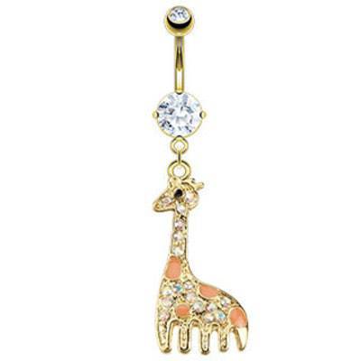 Gold Plated Giraffe CZ Dangle Belly Button Navel Ring - Pierced Universe