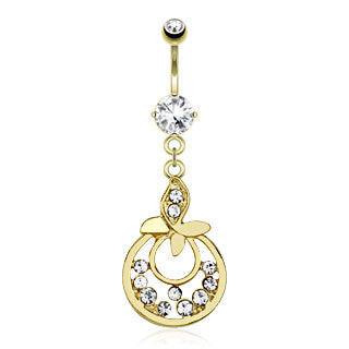 Gold Plated over Surgical Steel Belly Button Navel Ring Bar with Dangling Leaf with Paved CZs - Pierced Universe