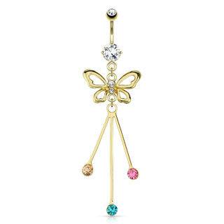 Gold Plated over Surgical Steel Multi Color CZ Butterfly Strands Dangling Belly Button Navel Ring - Pierced Universe