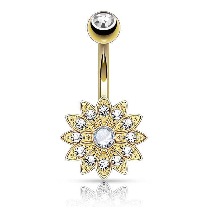 Gold Plated over Surgical Steel Paved CZ Flower with White Center Stone - Pierced Universe
