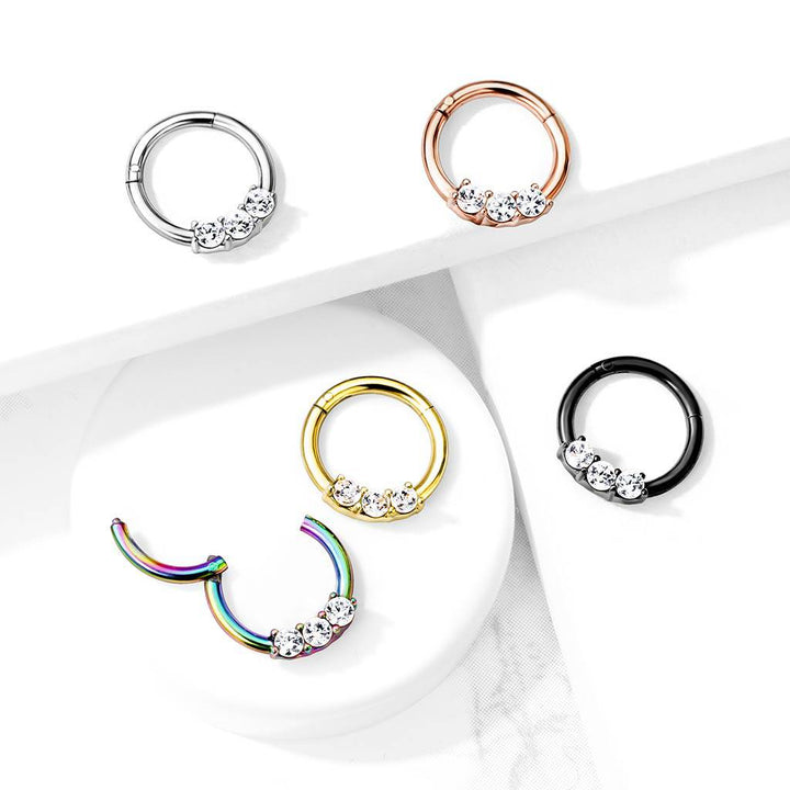Gold Plated Surgical Steel 3 Gem White CZ Hinged Septum Ring Clicker - Pierced Universe
