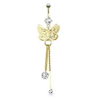 Gold Plated Surgical Steel Belly Button Navel Ring Bar with Dangling Butterfly with Floating Gems - Pierced Universe