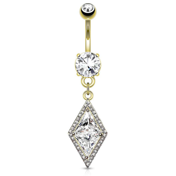 Gold Plated Surgical Steel Belly Ring with Large Paved CZ Center Dangle - Pierced Universe
