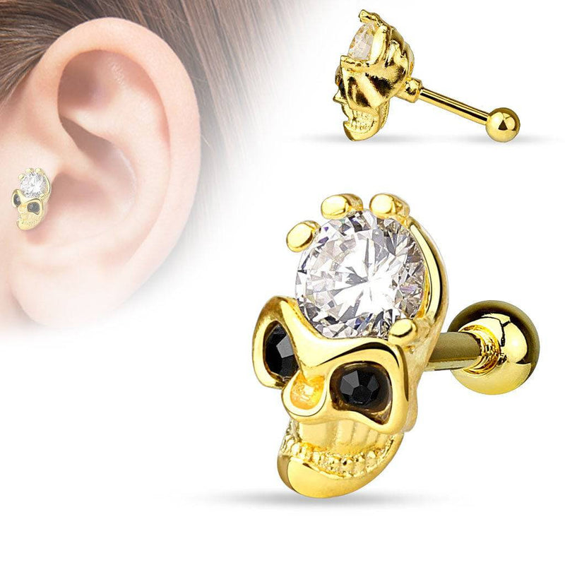 Gold Plated Surgical Steel Black & White CZ Skull Cartilage Barbell - Pierced Universe