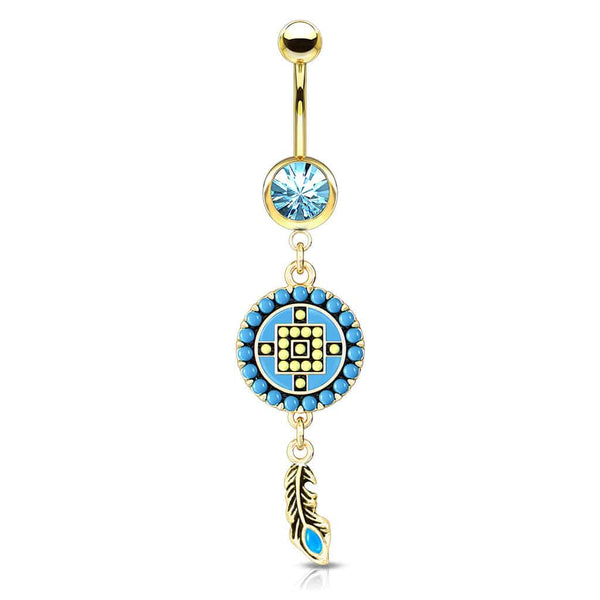 Gold Plated Surgical Steel Boho Blue Turquoise Aztec Feather Dangle Belly Ring - Pierced Universe