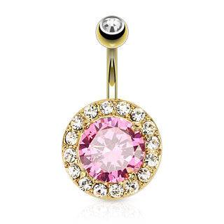 Gold Plated Surgical Steel Clear CZ Rim with Pink Center Stone Belly Ring - Pierced Universe