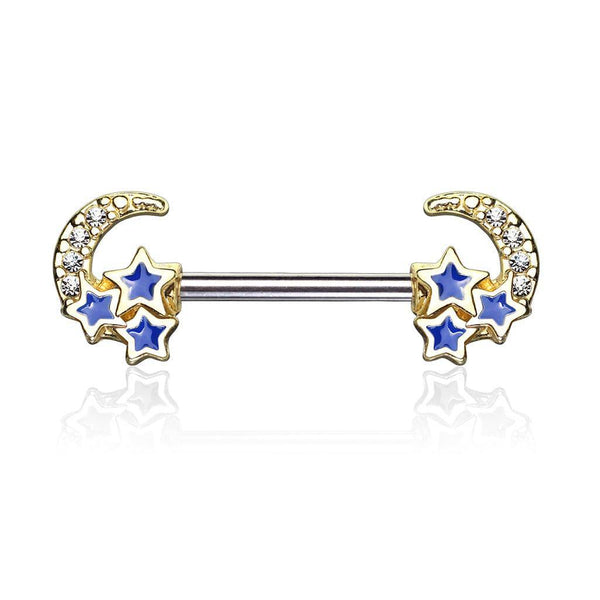 Gold Plated Surgical Steel Crescent Moon Blue Stars Nipple Ring Barbell Pierced Universe