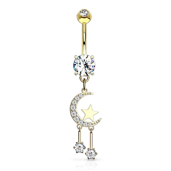 Gold Plated Surgical Steel Crescent Moon & Star Dangle Belly Button Ring - Pierced Universe