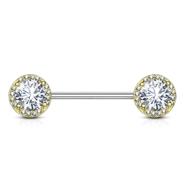 Gold Plated Surgical Steel CZ Centre Pave Nipple Ring Barbell - Pierced Universe