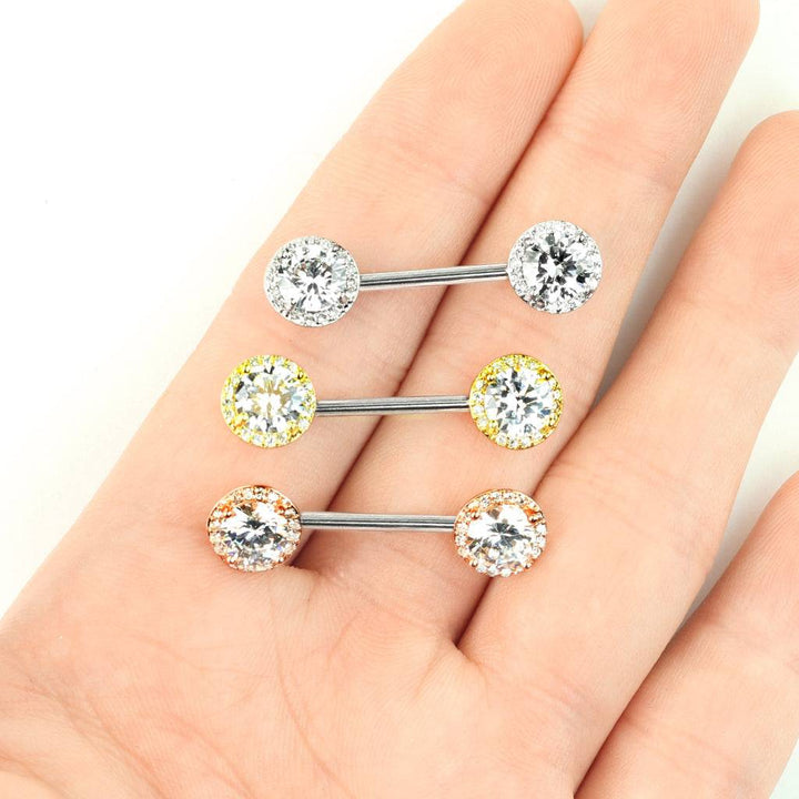 Gold Plated Surgical Steel CZ Centre Pave Nipple Ring Barbell - Pierced Universe
