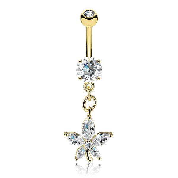 Gold Plated Surgical Steel Dangling Petal Flower White CZ Belly Ring - Pierced Universe