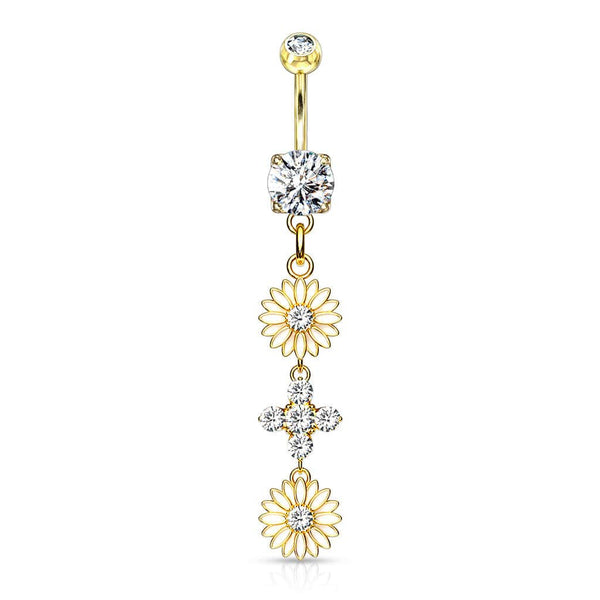 Gold Plated Surgical Steel Double CZ Flower Dangling Belly Button Ring - Pierced Universe