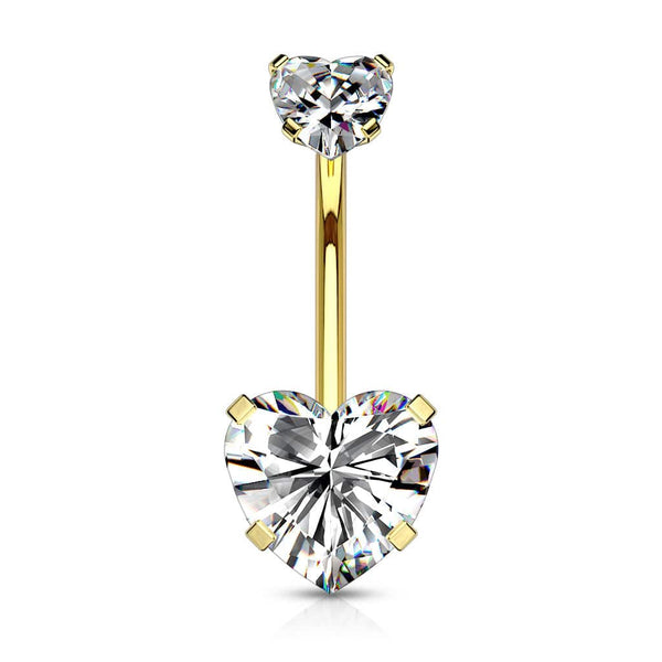 Gold Plated Surgical Steel Double Heart White CZ Gem Belly Button Ring - Pierced Universe