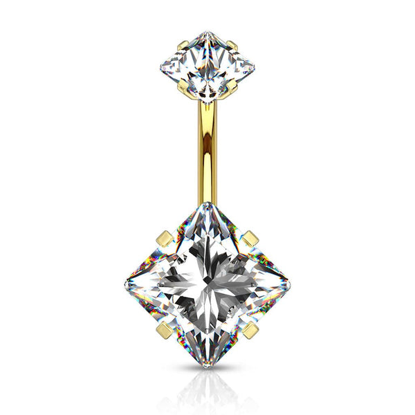 Gold Plated Surgical Steel Double Square White CZ Gem Belly Button Ring - Pierced Universe