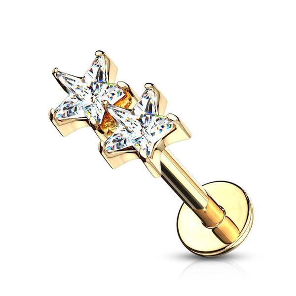 Gold Plated Surgical Steel Double Star White CZ Internally Threaded Flat Back Labret - Pierced Universe