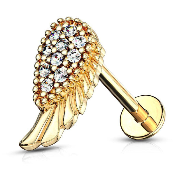 316L Surgical Steel Internally Threaded Flat Back White CZ Wing Labret 316L Surgical Steel Internally Threaded Flat Back White CZ Wing Labret