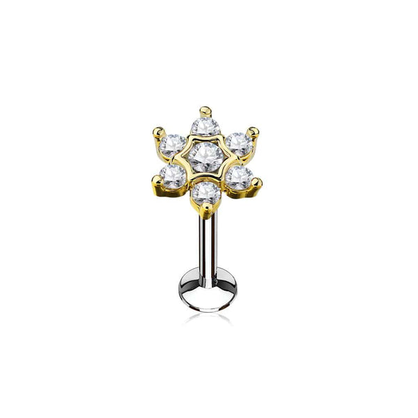 Gold Plated Surgical Steel Internally Threaded White CZ Flower Labret - Pierced Universe
