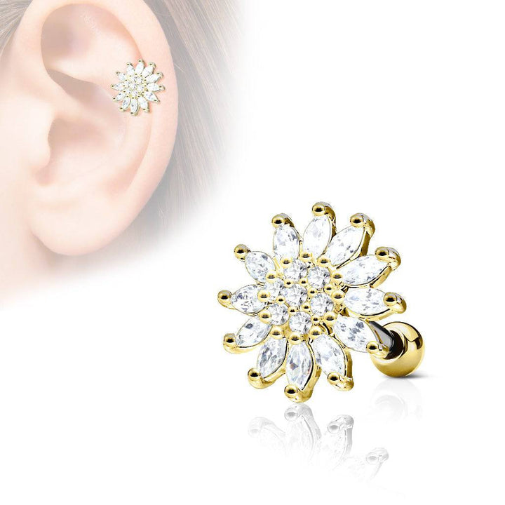 Gold Plated Surgical Steel Large Flower White CZ Cartilage Helix Barbell - Pierced Universe