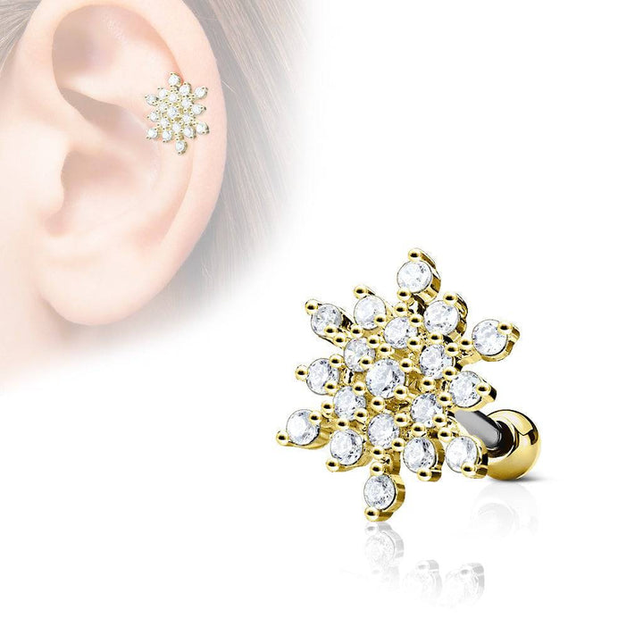 Gold Plated Surgical Steel Large Snow Flake White CZ Cartilage Helix Barbell - Pierced Universe