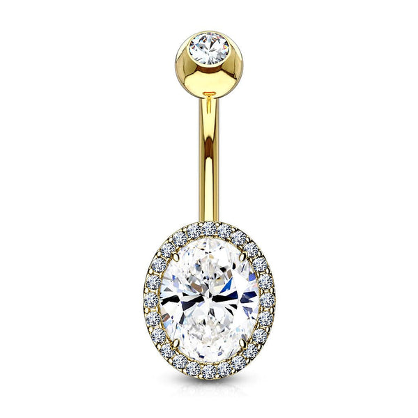 Gold Plated Surgical Steel Oval Pave White CZ Belly Ring - Pierced Universe