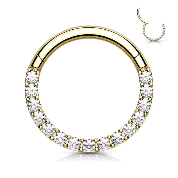 Gold Plated Surgical Steel Paved CZ Hinged Septum Ring Clicker - Pierced Universe