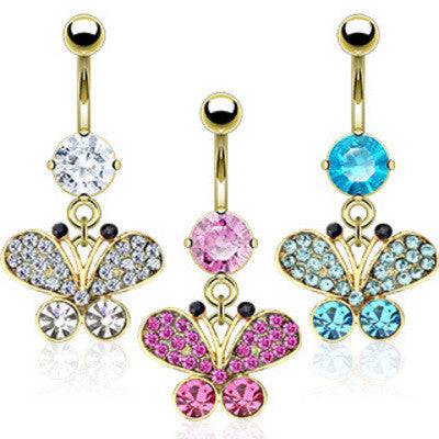 Gold Plated Surgical Steel Small CZ Dangle Butterfly Belly Button Navel Ring - Pierced Universe