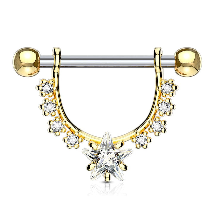 Gold Plated Surgical Steel Star Dangle White CZ Nipple Ring Barbell - Pierced Universe