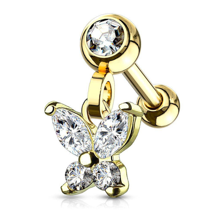 Gold Plated Surgical Steel White CZ Butterfly Dangle Cartilage Ring - Pierced Universe