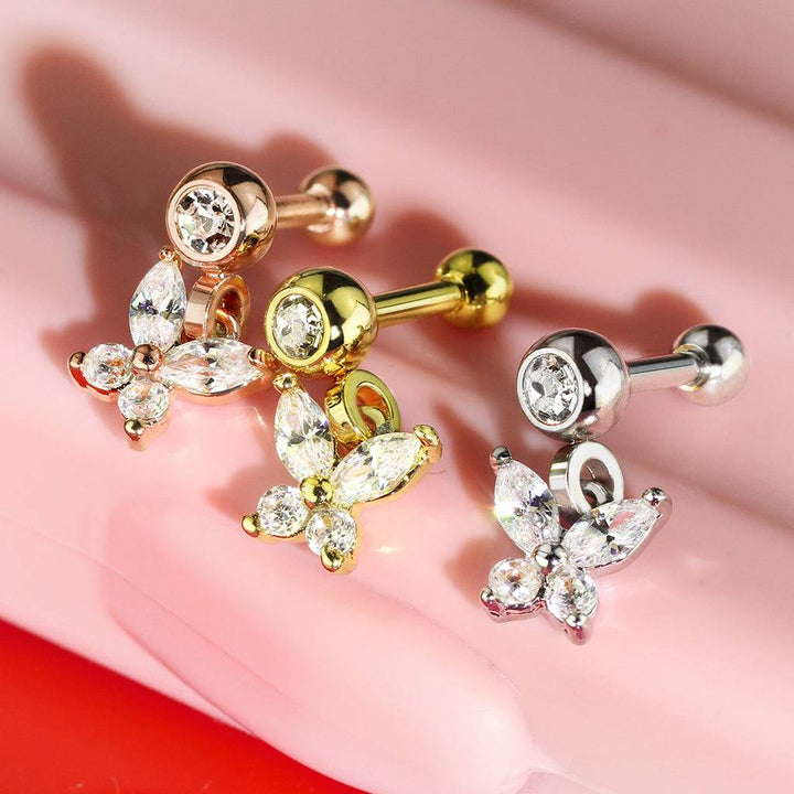Gold Plated Surgical Steel White CZ Butterfly Dangle Cartilage Ring - Pierced Universe