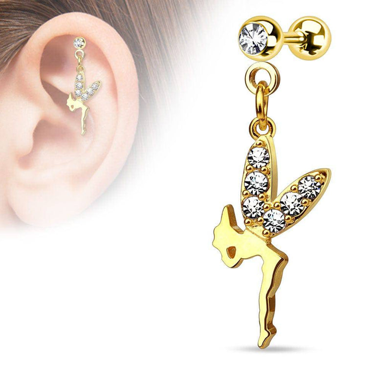 Gold Plated Surgical Steel White CZ Fairy Dangle Ear Cartilage Barbell - Pierced Universe