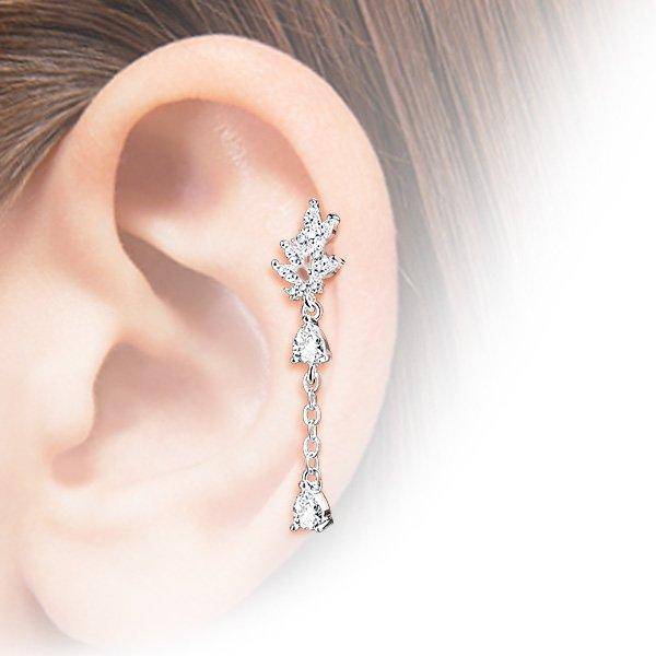 Gold Plated Surgical Steel White CZ Leaf Dangling Teardrop Cartilage Ring - Pierced Universe