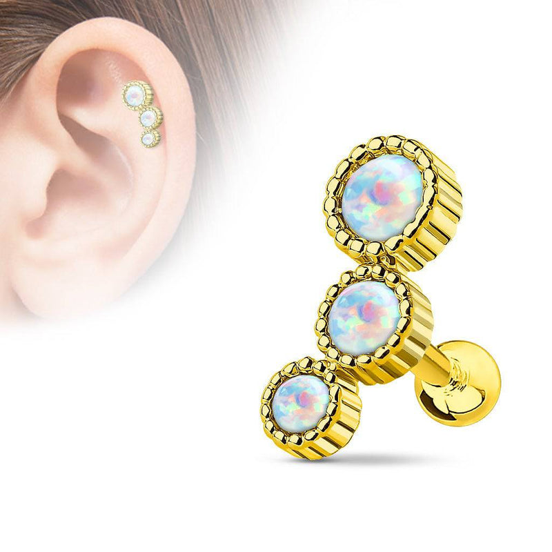 Gold Plated Surgical Steel White Opal 3 Gem Cartilage Ring - Pierced Universe