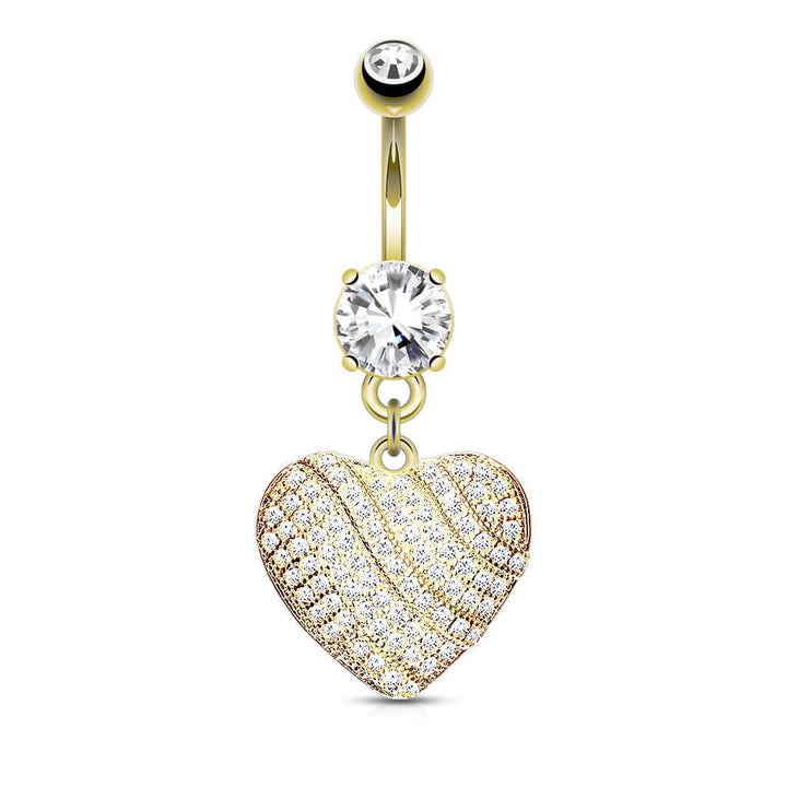 Gold Plated Surgical Steel White Pave Heart Dangle Belly Ring - Pierced Universe